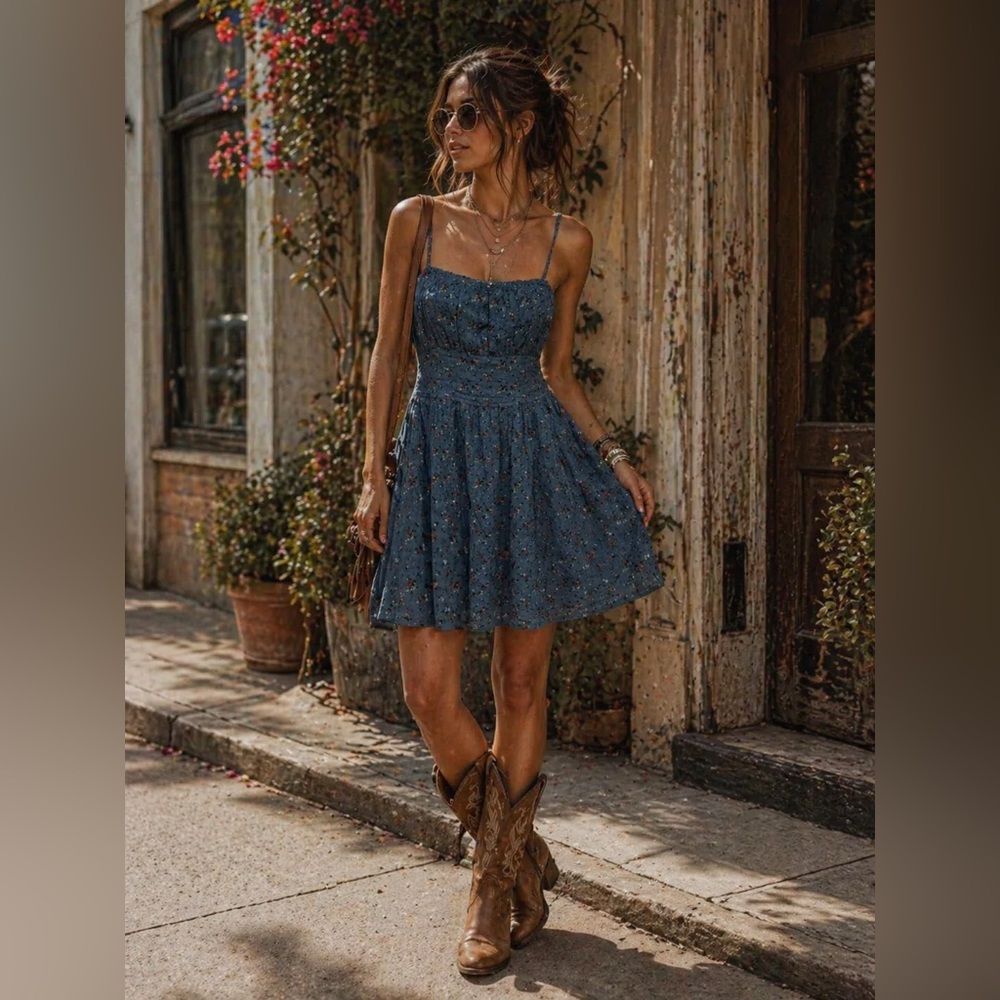 Ditsy Floral cotton smoked back Cami Blue mini dress summer boho grunge large